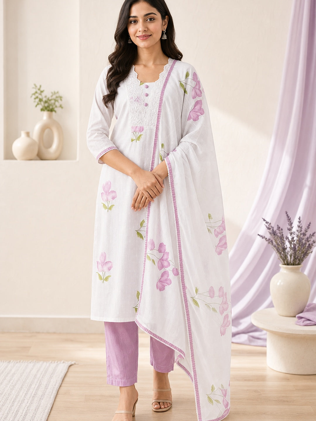 White Pure Cotton White & Purple Floral Printed Salwar Suit Set - Image 2