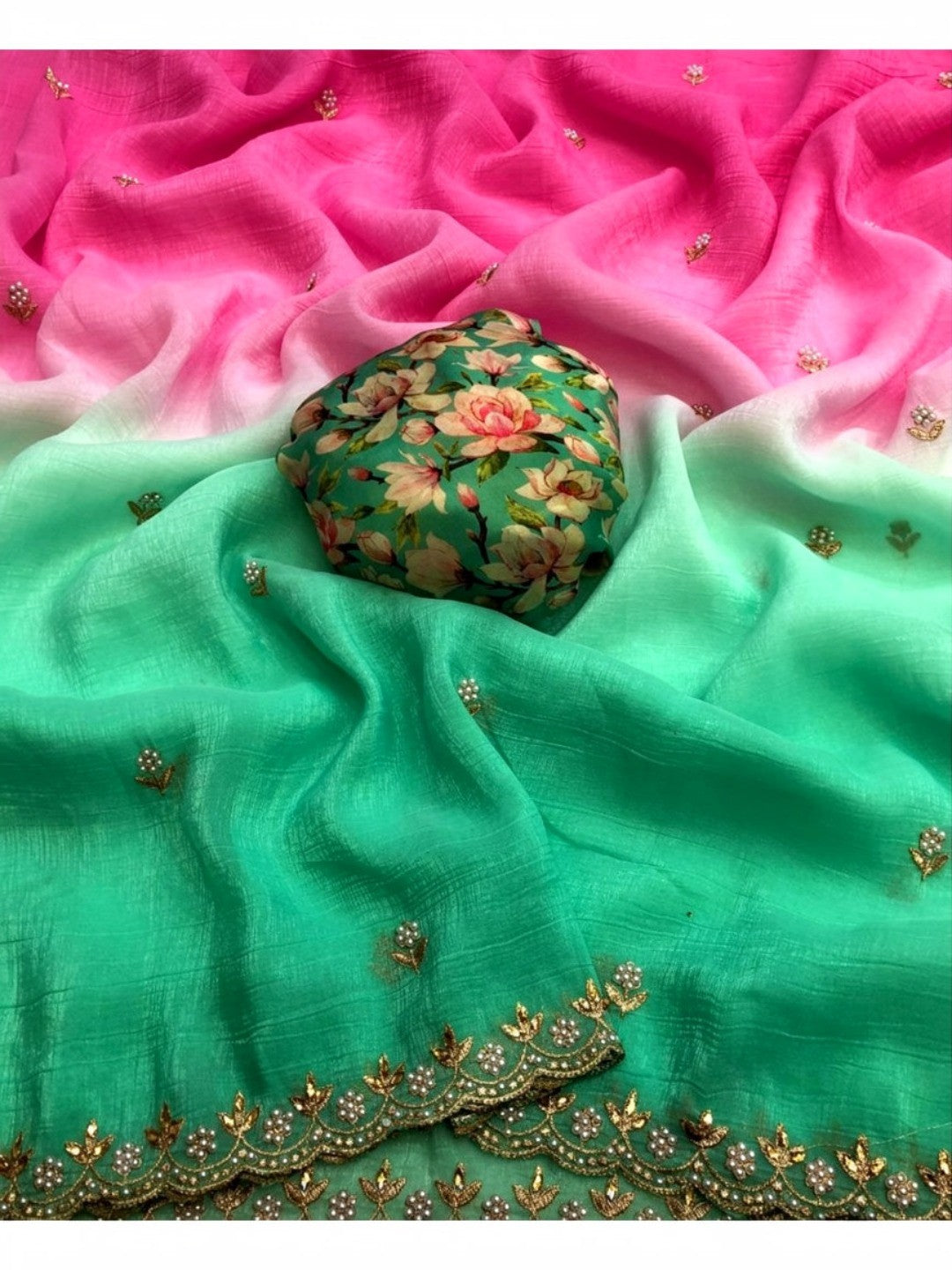 Peachmode Sea Green Crunchy Crush Embroidered Saree - Image 2