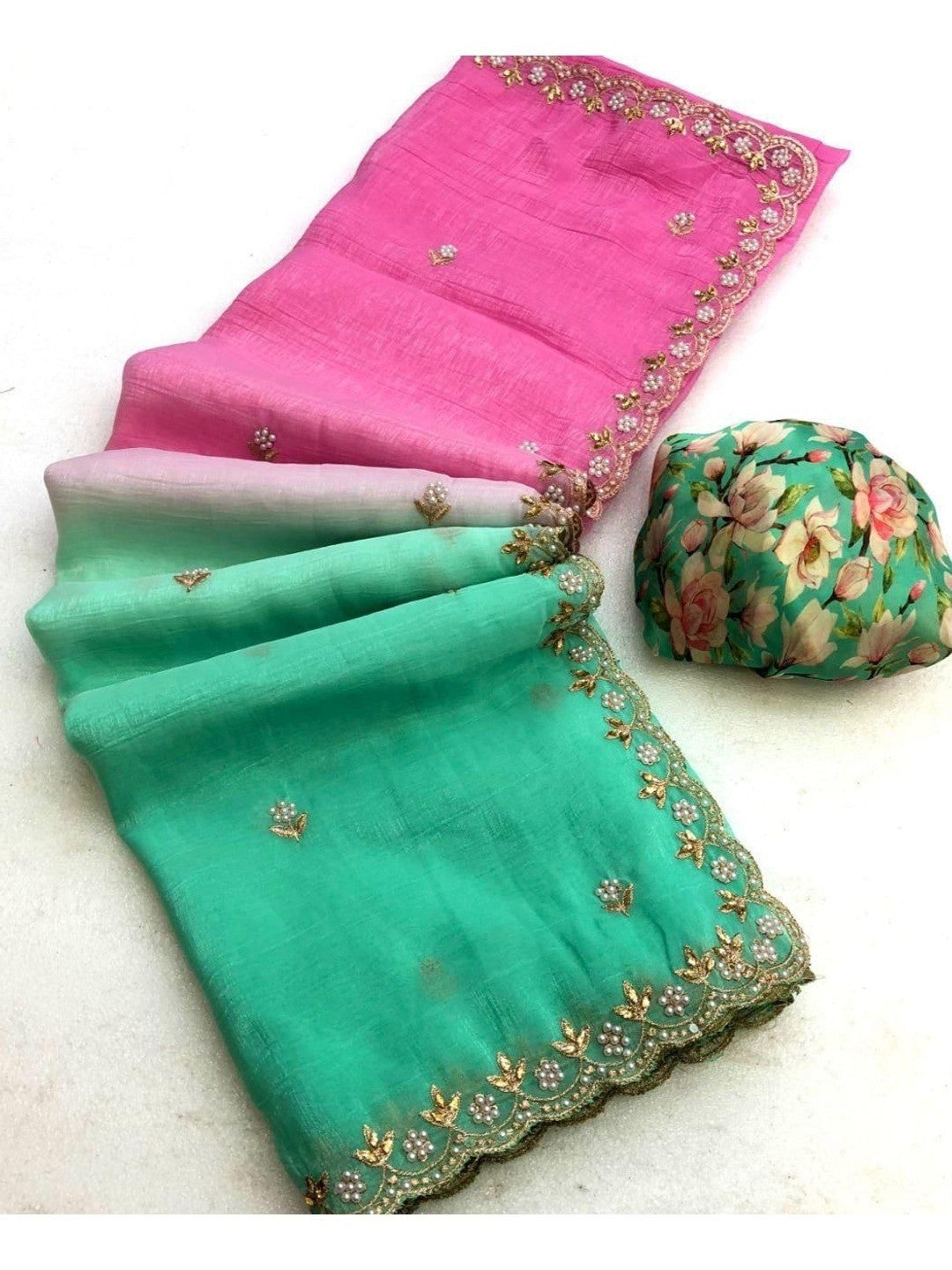 Peachmode Sea Green Crunchy Crush Embroidered Saree - Image 3