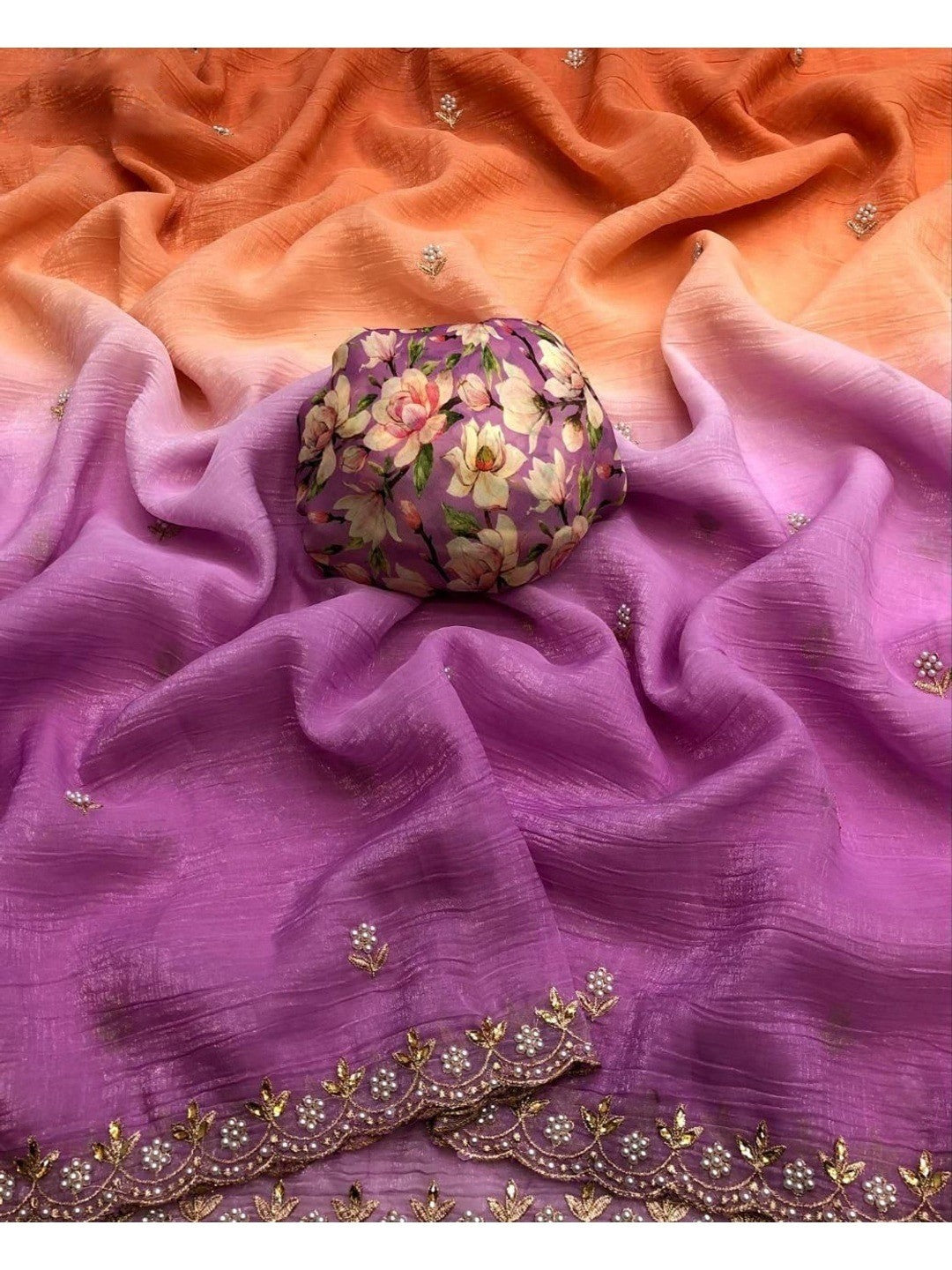 Peachmode Baby Pink Crunchy Crush Embroidered Saree - Image 3