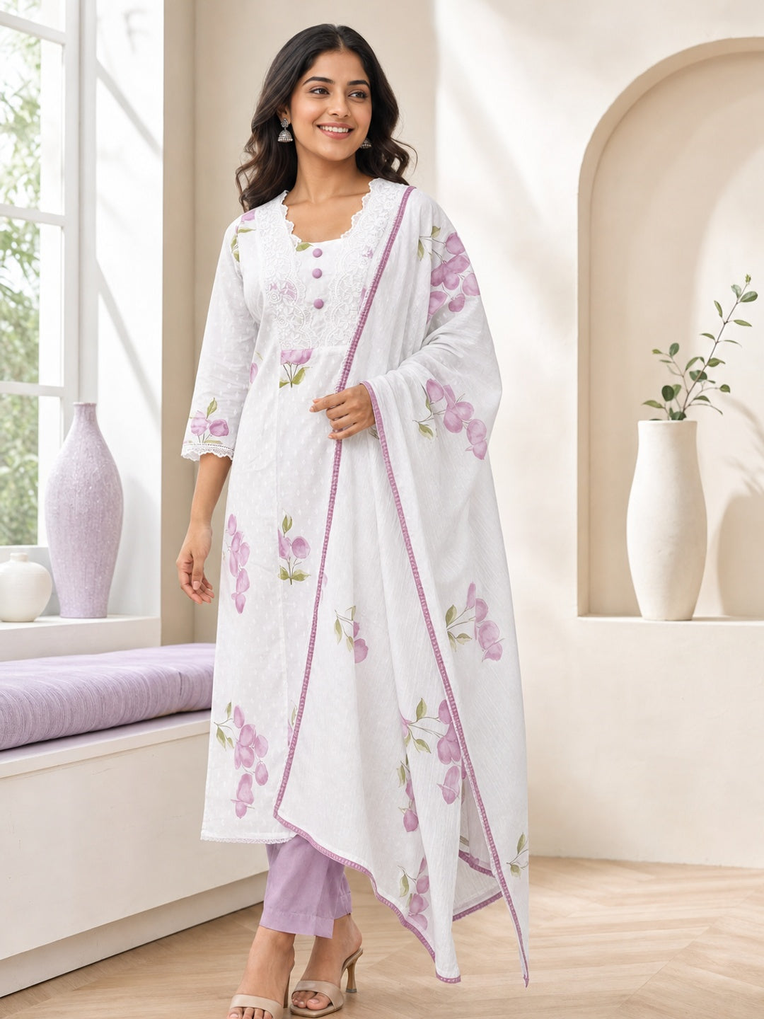 White Pure Cotton White & Purple Floral Printed Salwar Suit Set - Image 3