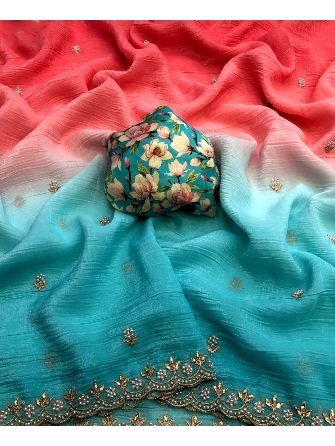 Peachmode Sky Blue Crunchy Crush Embroidered Saree - Image 2
