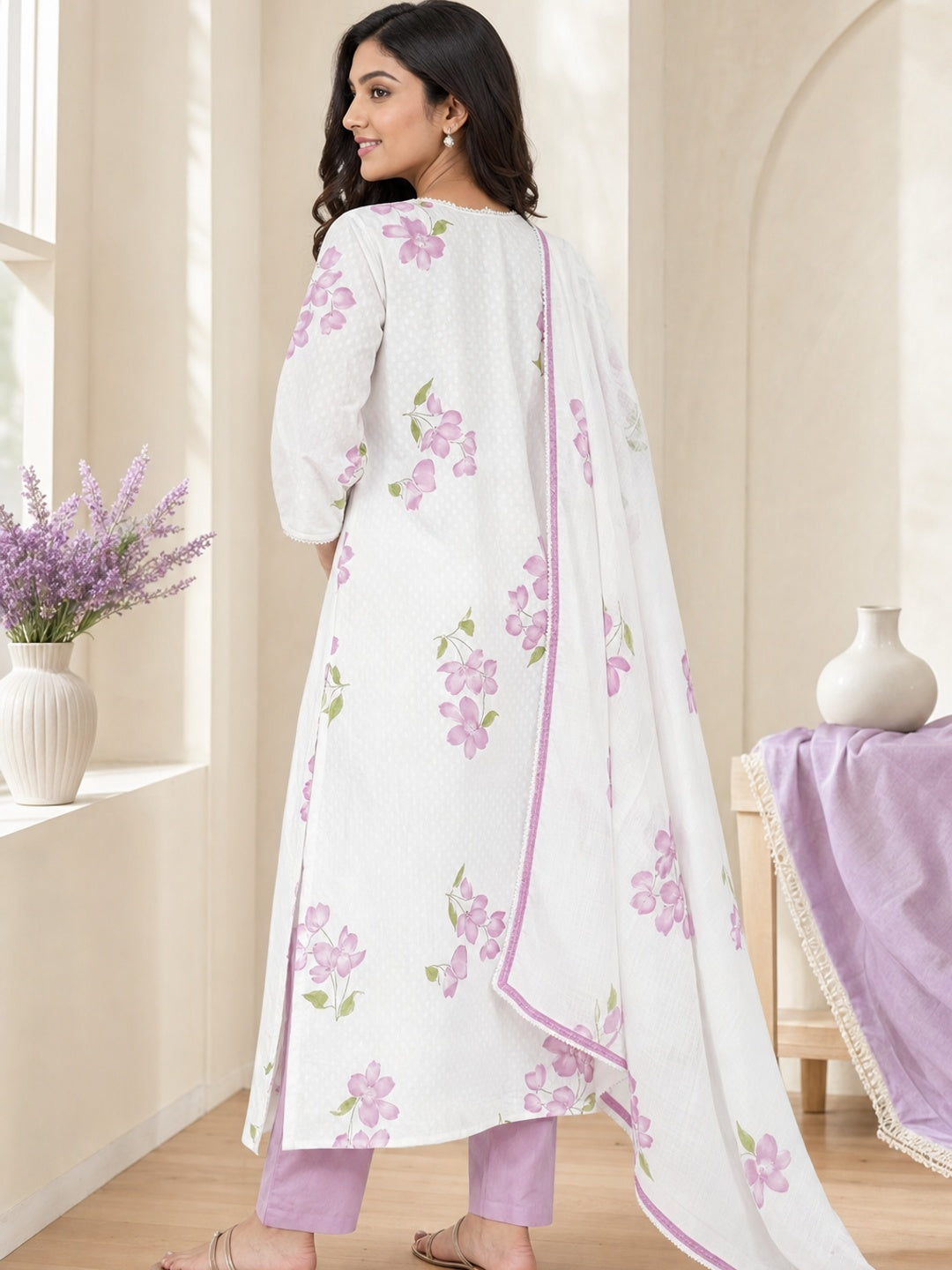 White Pure Cotton White & Purple Floral Printed Salwar Suit Set - Image 4
