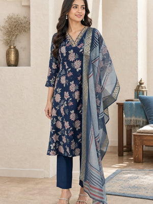 Navy Blue Chanderi Floral Printed Salwar Suit Set - Image 1