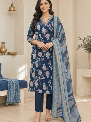 Navy Blue Chanderi Floral Printed Salwar Suit Set - Image 2