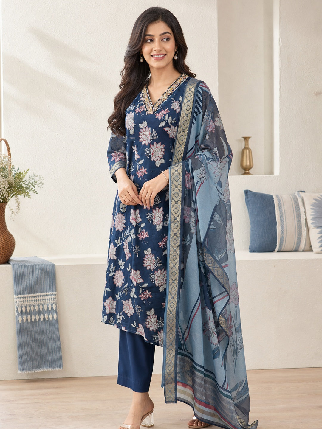 Navy Blue Chanderi Floral Printed Salwar Suit Set - Image 3