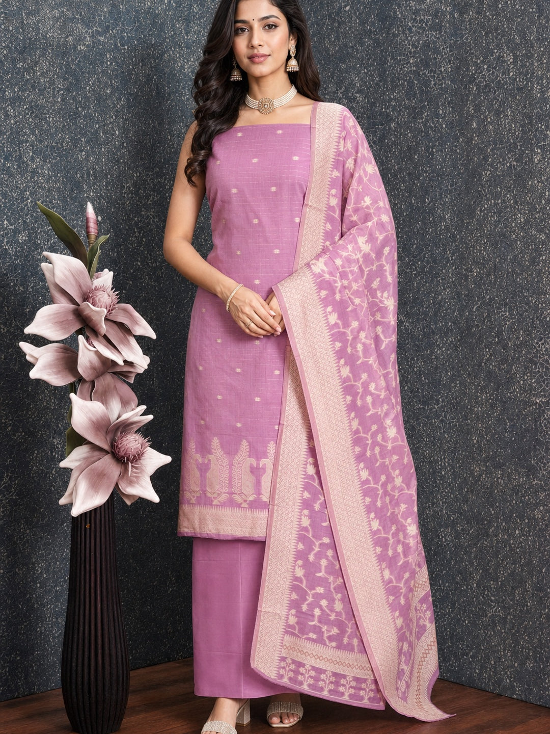 Peachmode Pink Cotton Dress Material with Ethnic Motifs - Image 1