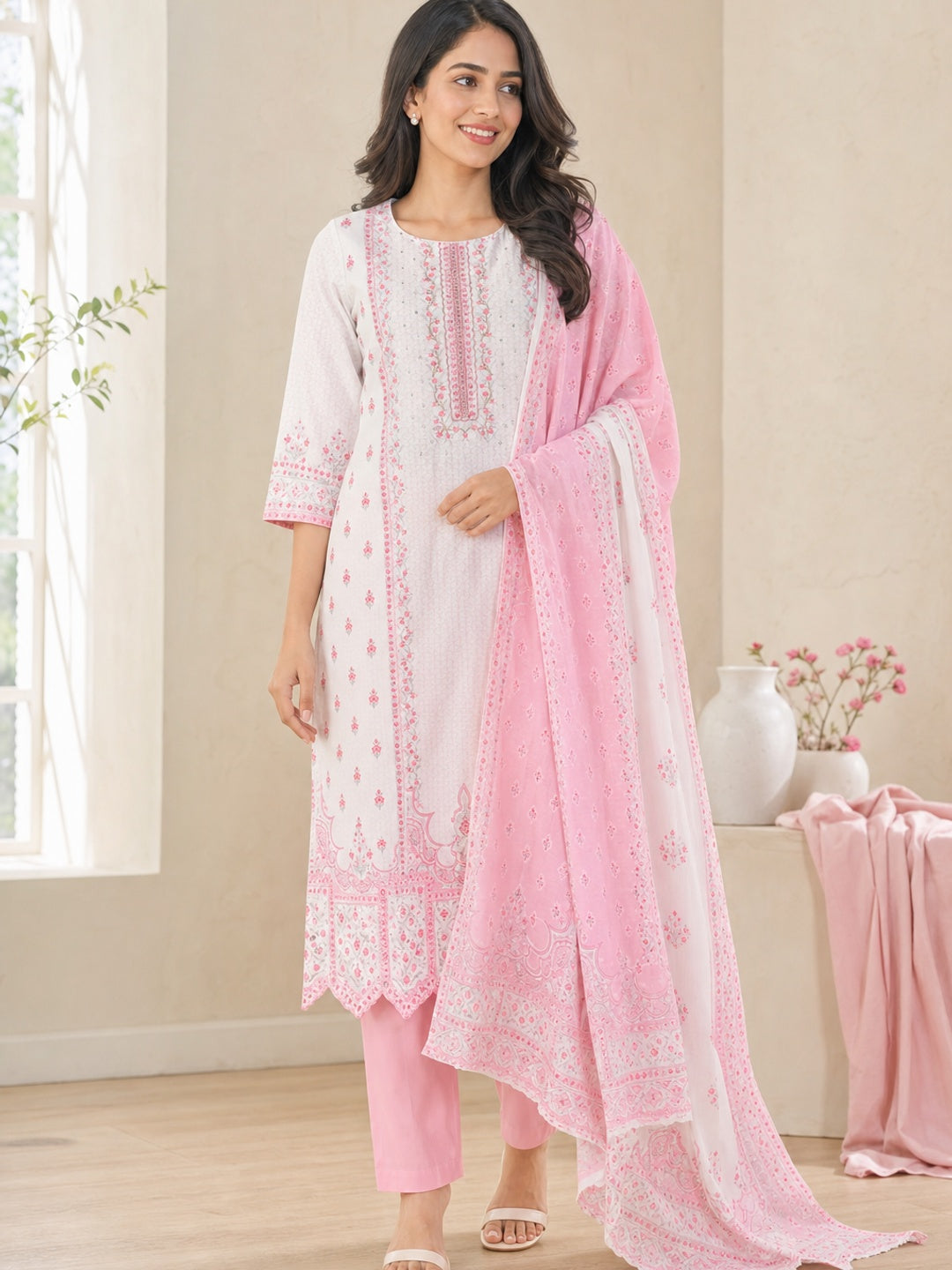 Off White Pure Cotton Pink Floral Printed Salwar Suit Set - Image 1