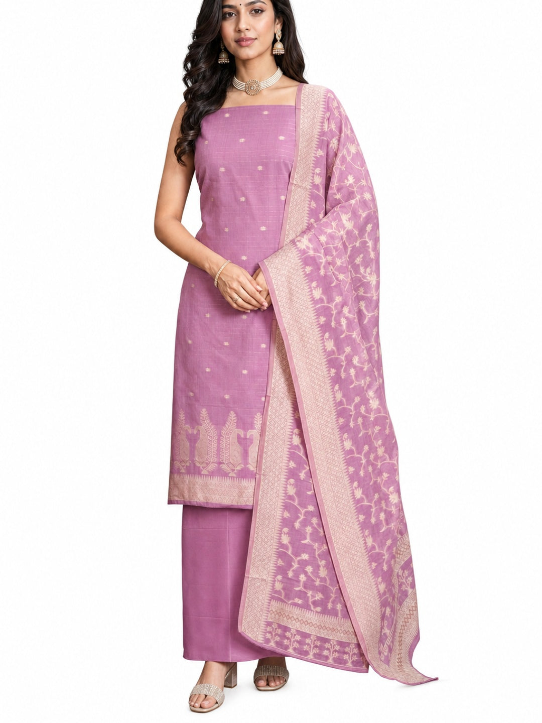 Peachmode Pink Cotton Dress Material with Ethnic Motifs - Image 6