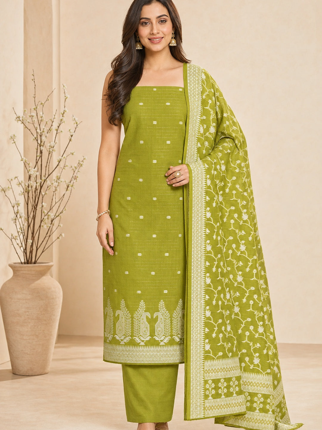Peachmode Olive Cotton Dress Material with Ethnic Motifs - Image 1