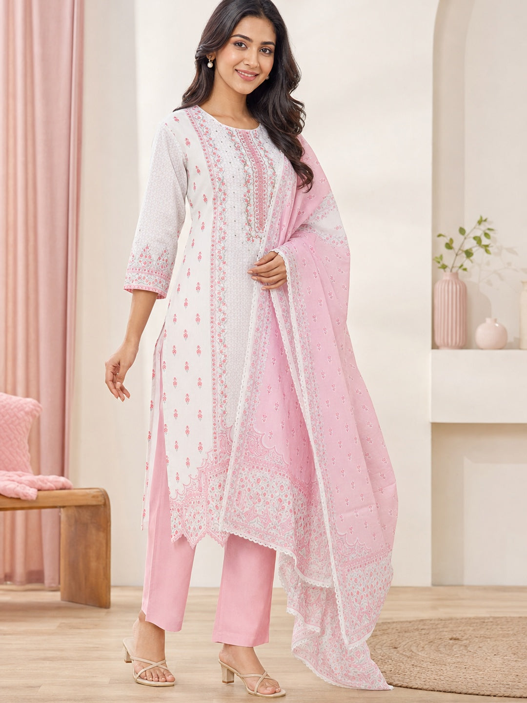Off White Pure Cotton Pink Floral Printed Salwar Suit Set - Image 2