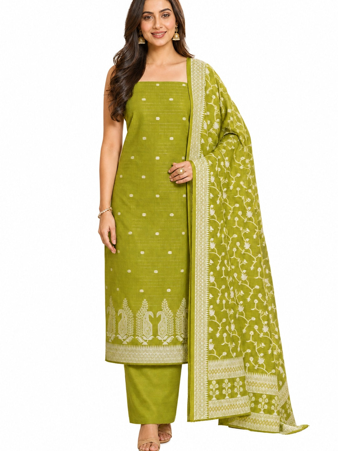 Peachmode Olive Cotton Dress Material with Ethnic Motifs - Image 6