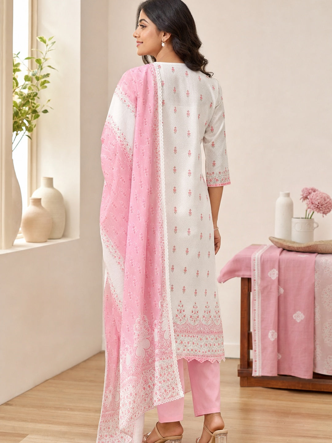 Off White Pure Cotton Pink Floral Printed Salwar Suit Set - Image 3