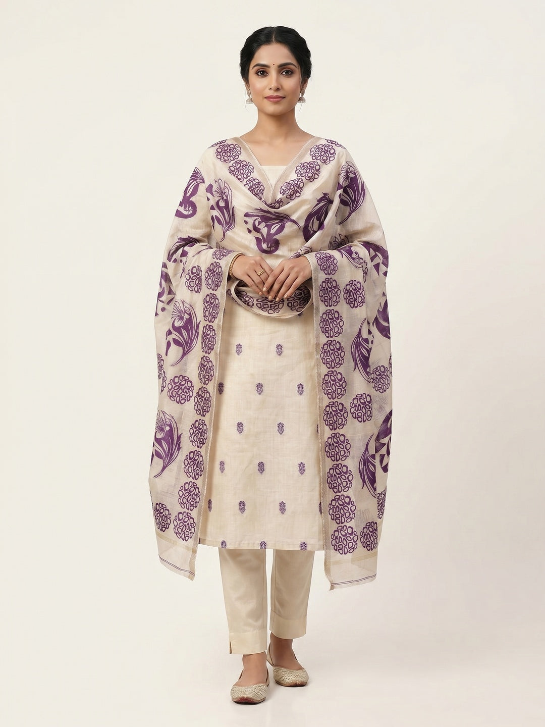 Peachmode Cream & Purple Linen Cotton Dress Material with Ethnic Motifs - Image 2
