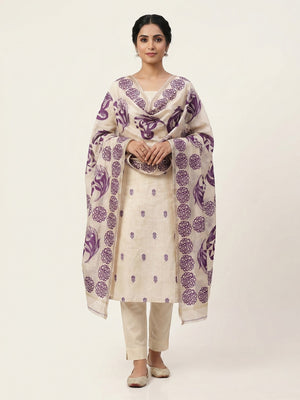 Peachmode Cream & Purple Linen Cotton Dress Material with Ethnic Motifs - Image 1