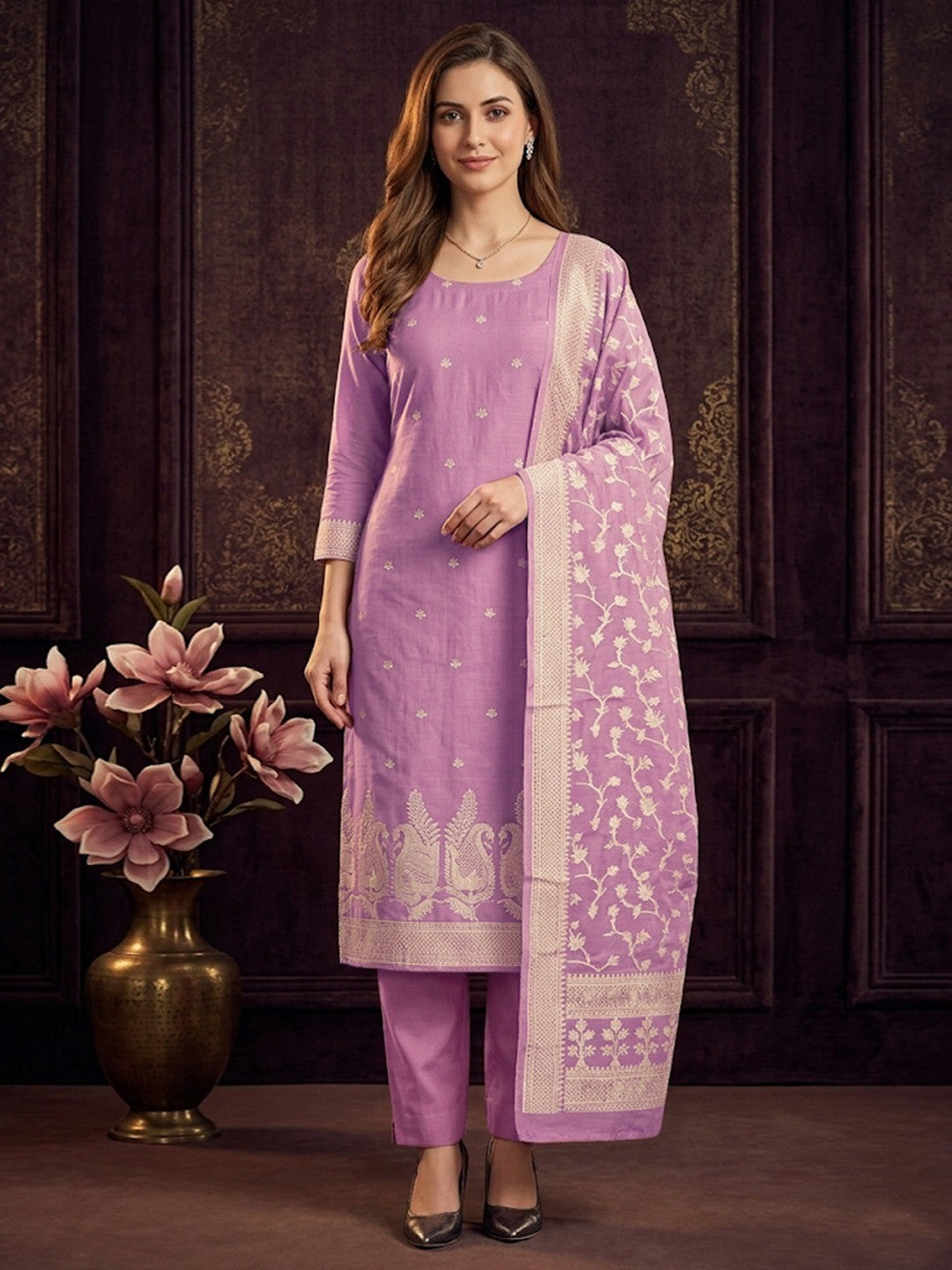 Peachmode Pink Cotton Dress Material with Ethnic Motifs - Image 2
