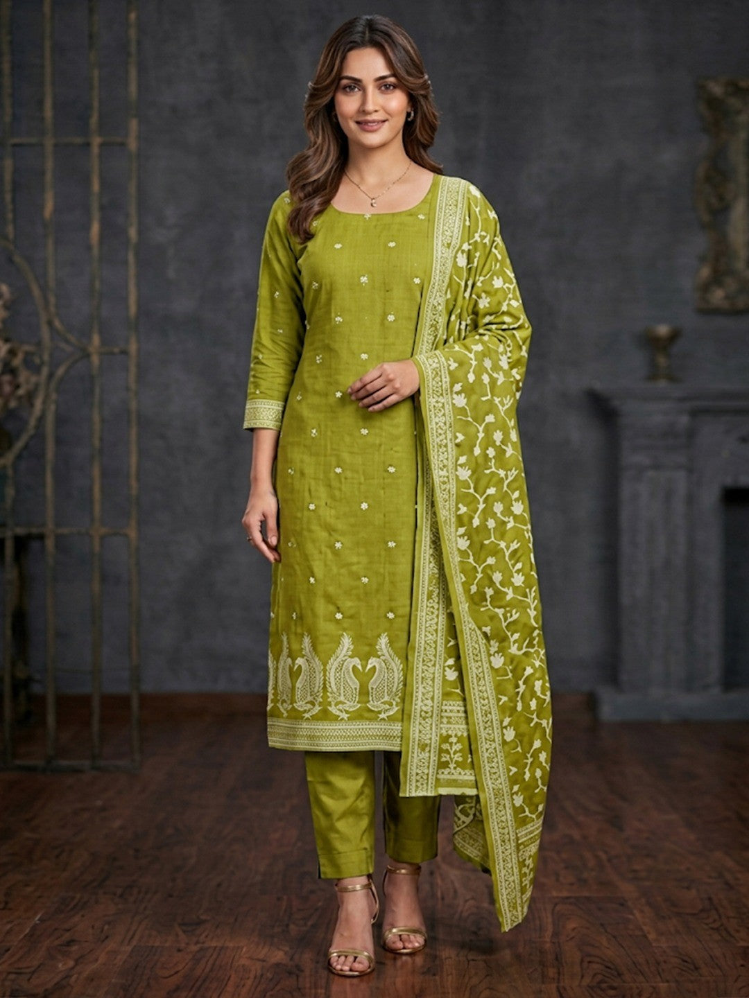 Peachmode Olive Cotton Dress Material with Ethnic Motifs - Image 2