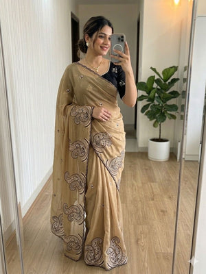 Peachmode Beige Rangoli Silk Saree with Embroidered Border - Image 1