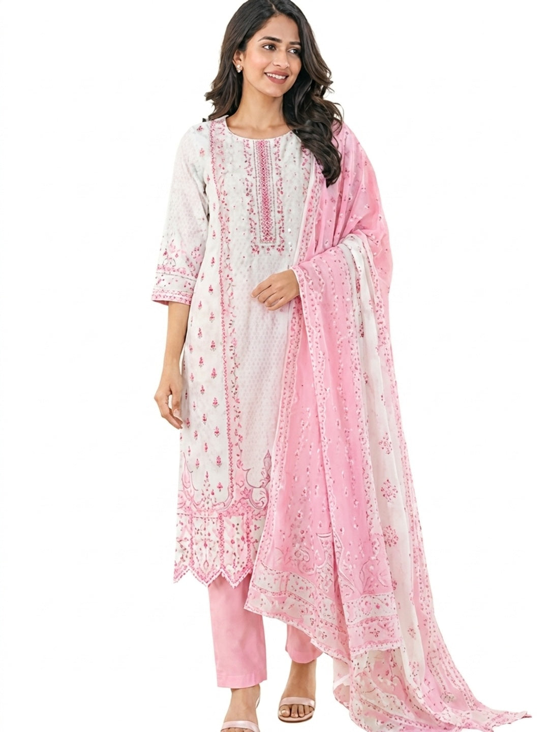 Off White Pure Cotton Pink Floral Printed Salwar Suit Set - Image 4