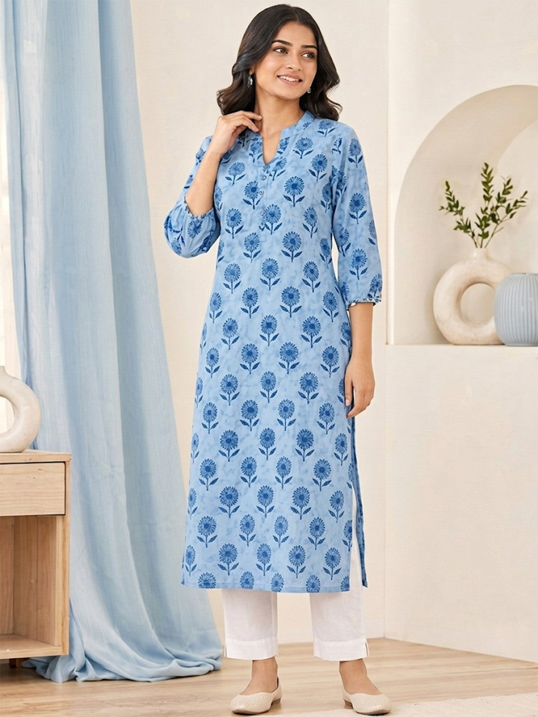 Light Blue Pure Cotton Floral Printed Kurti - Image 1