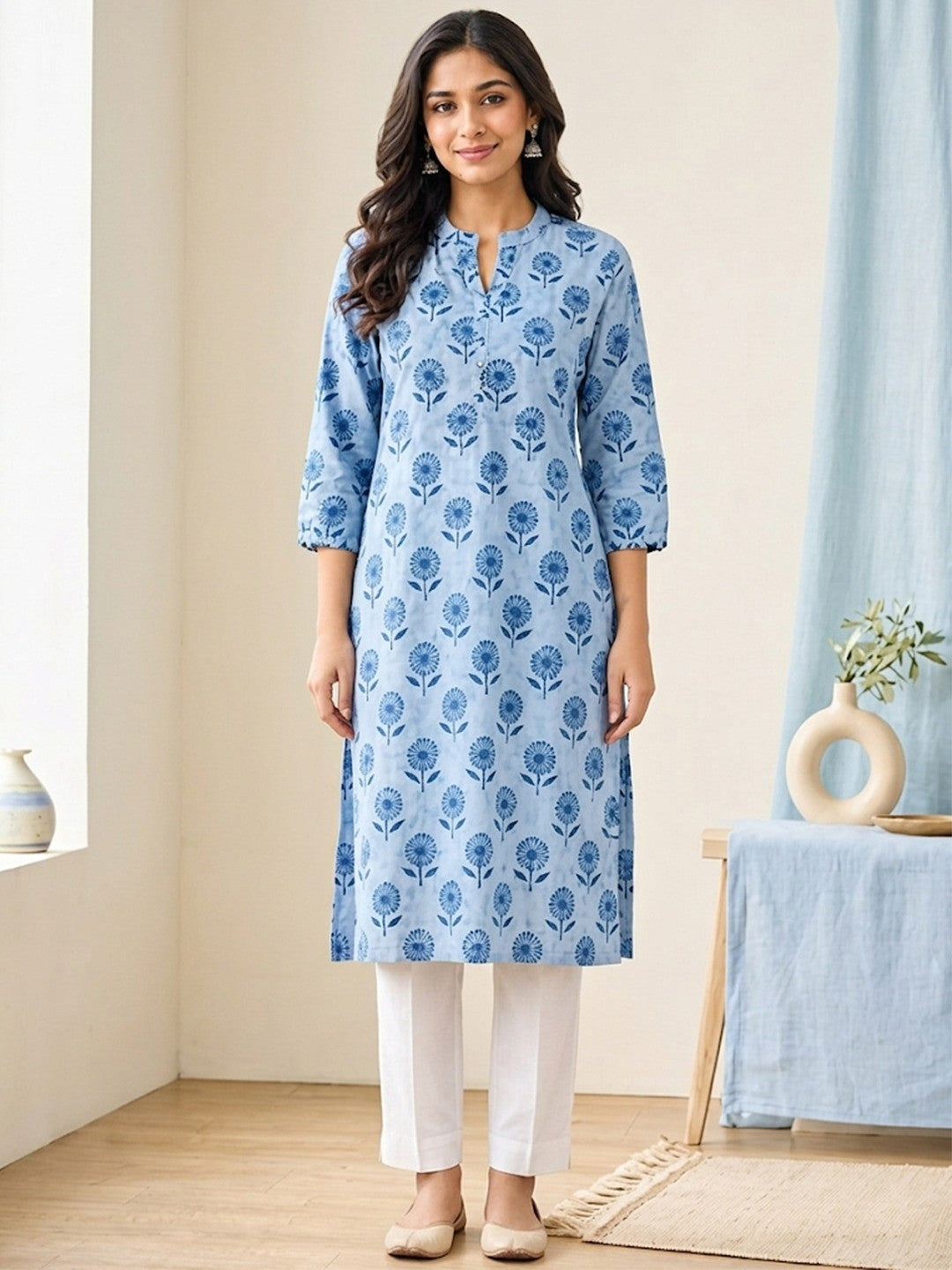Light Blue Pure Cotton Floral Printed Kurti - Image 2