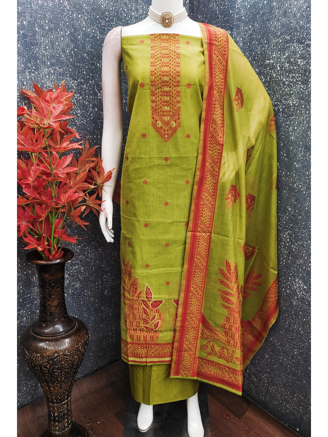 Peachmode Green Cotton Dress Material with Ethnic Motifs - Image 2