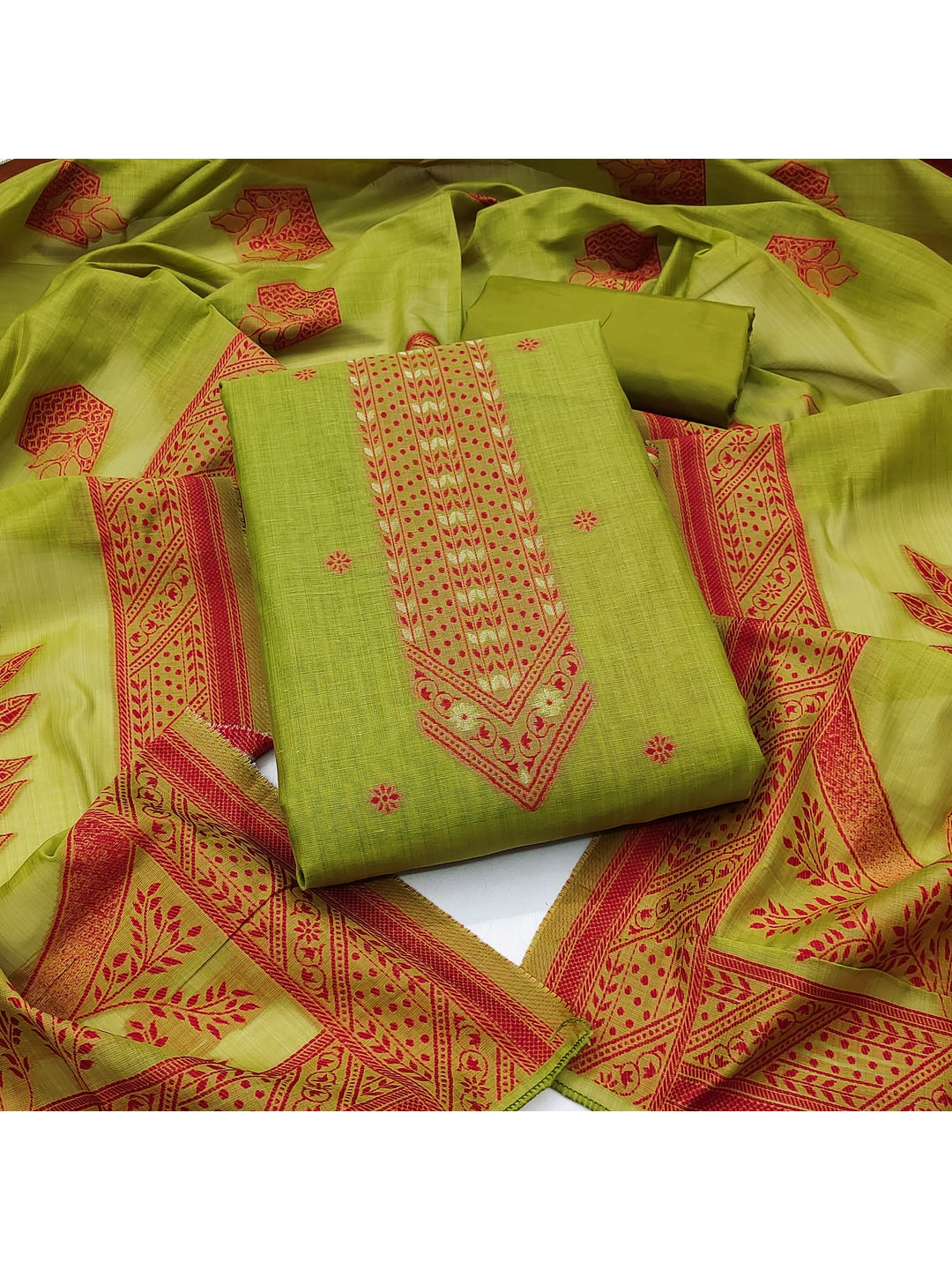 Peachmode Green Cotton Dress Material with Ethnic Motifs - Image 4