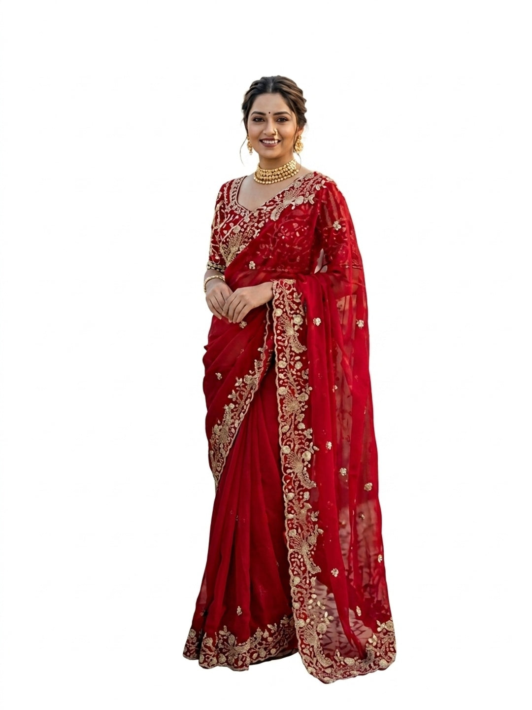 Peachmode Red Fandy Satin Silk Saree with Sequins, Zari Embroidery and Cutwork Border - Image 4