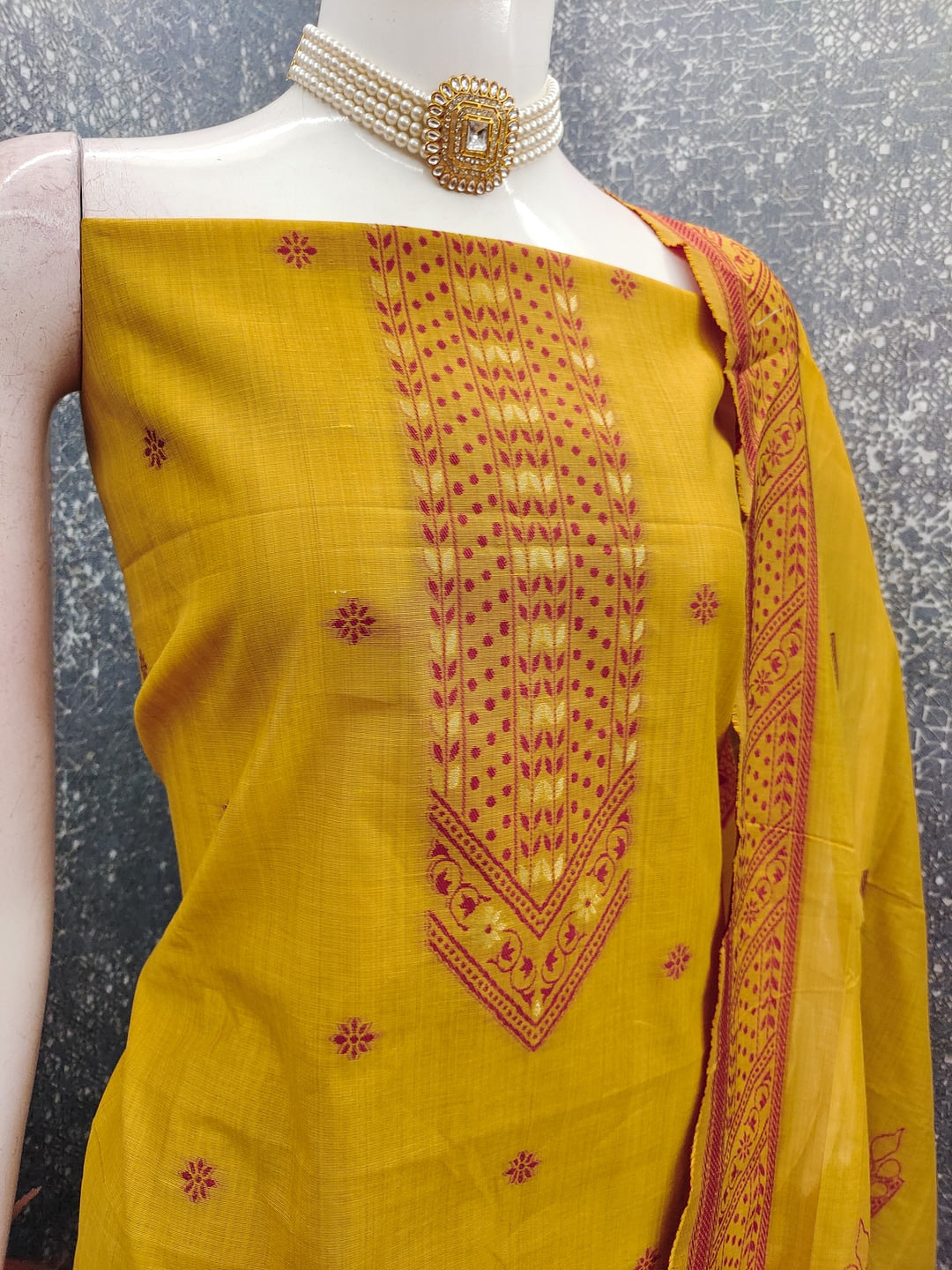Peachmode Mustard Cotton Dress Material with Ethnic Motifs - Image 2