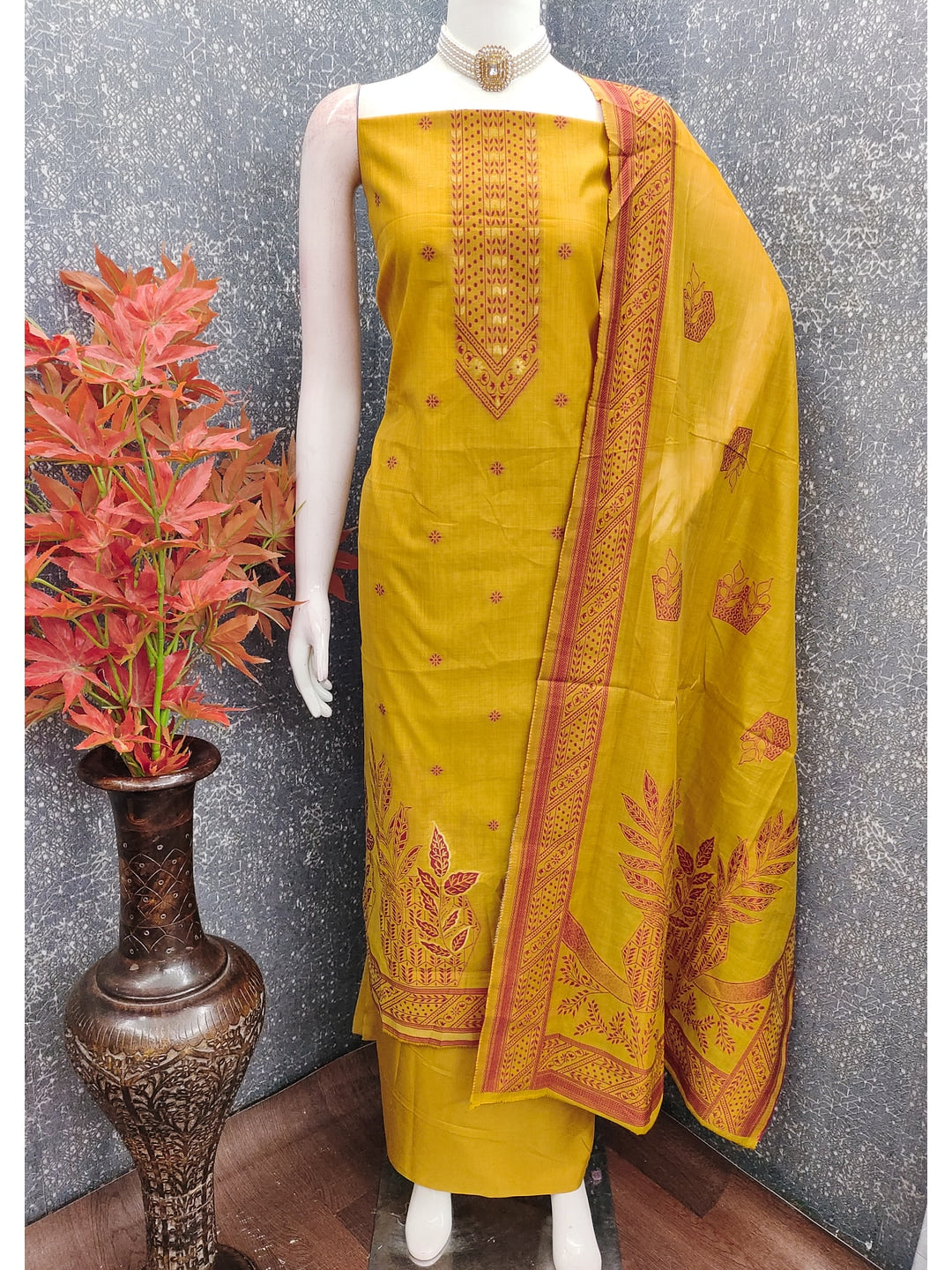Peachmode Mustard Cotton Dress Material with Ethnic Motifs - Image 3
