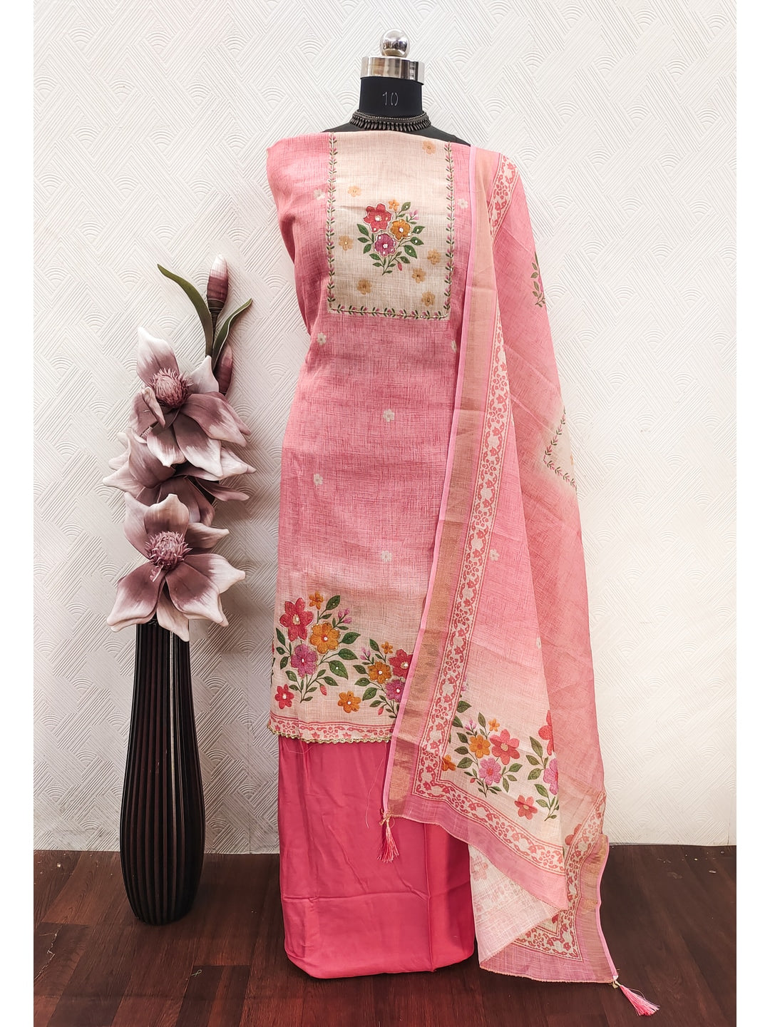 Peachmode Pink Pure Silk Dress Material with Floral - Image 3