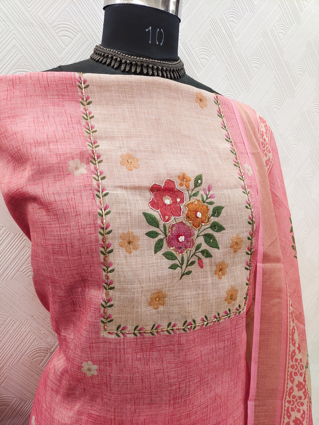 Peachmode Pink Pure Silk Dress Material with Floral - Image 4