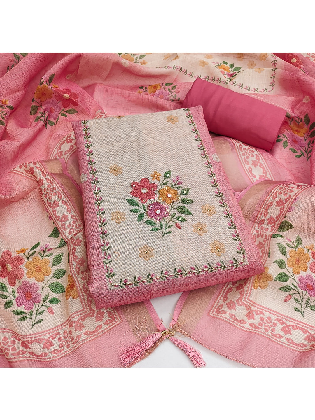 Peachmode Pink Pure Silk Dress Material with Floral - Image 1
