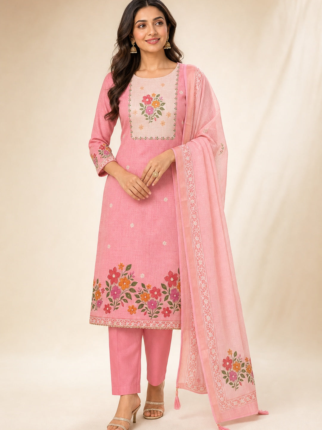 Peachmode Pink Pure Silk Dress Material with Floral - Image 2
