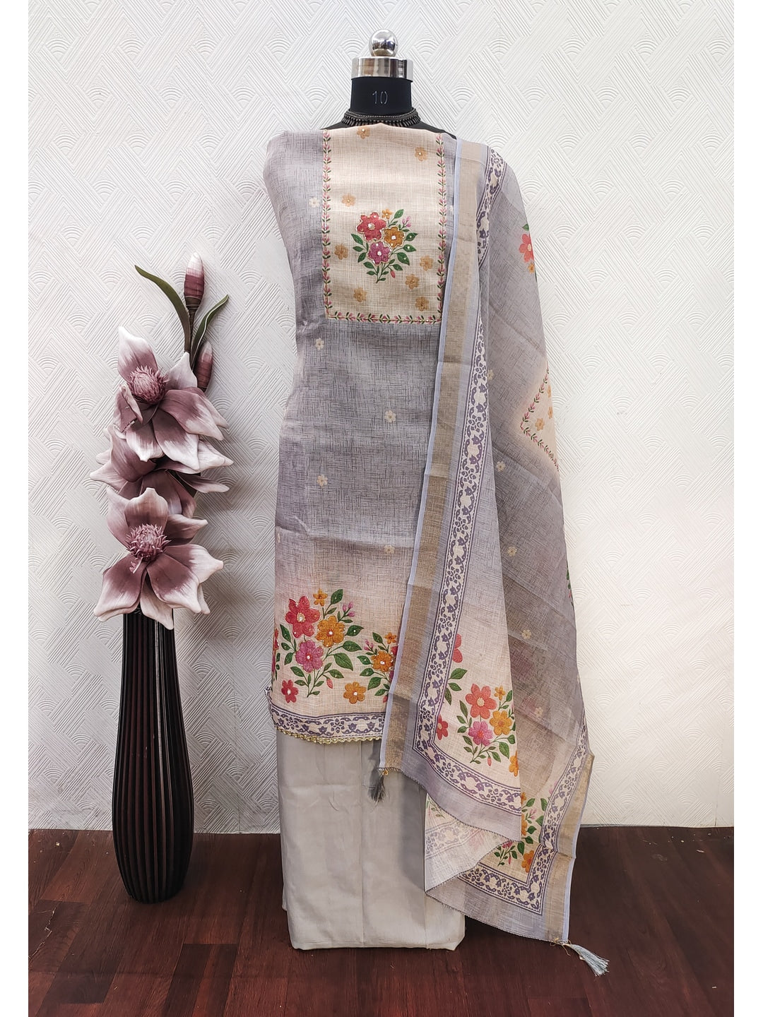 Peachmode Grey Pure Silk Dress Material with Floral - Image 3