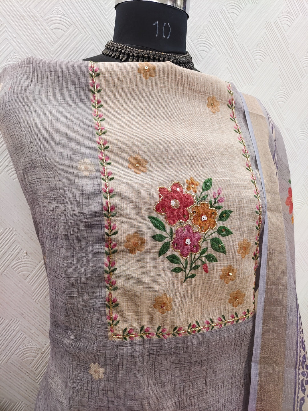 Peachmode Grey Pure Silk Dress Material with Floral - Image 4