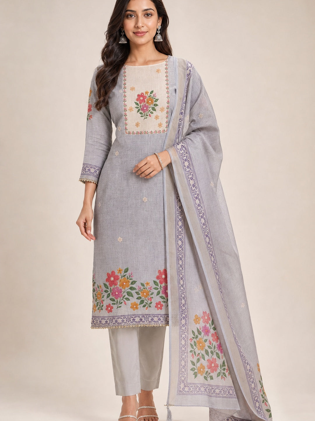 Peachmode Grey Pure Silk Dress Material with Floral - Image 2