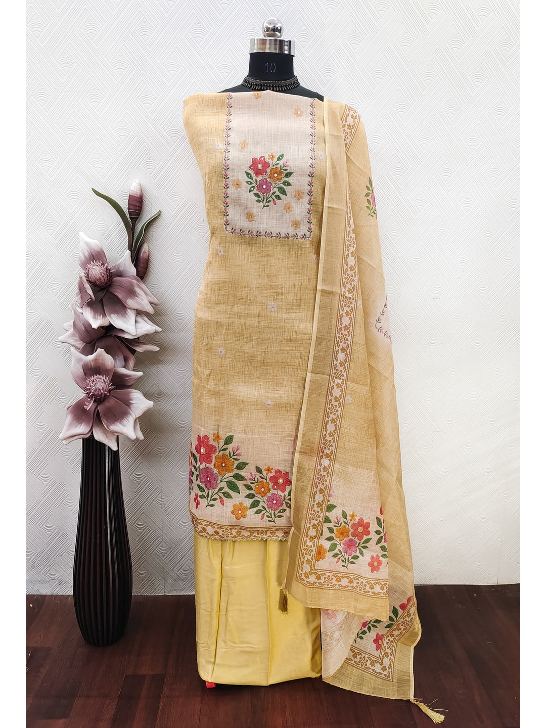 Peachmode Yellow Pure Silk Dress Material with Floral - Image 3