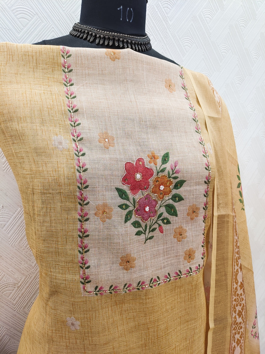 Peachmode Yellow Pure Silk Dress Material with Floral - Image 4