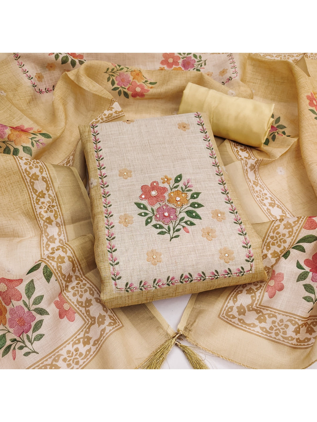Peachmode Yellow Pure Silk Dress Material with Floral - Image 1