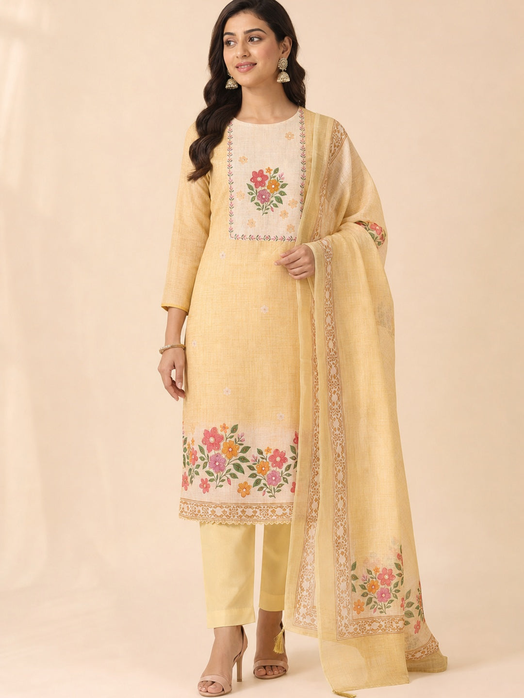 Peachmode Yellow Pure Silk Dress Material with Floral - Image 2