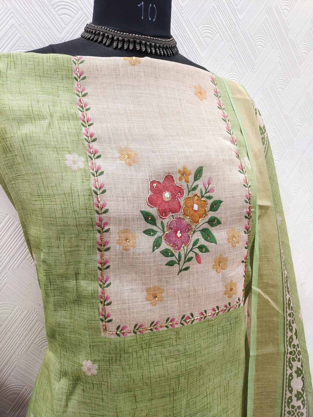 Peachmode Green Pure Silk Dress Material with Floral - Image 3