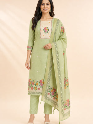 Peachmode Green Pure Silk Dress Material with Floral - Image 1