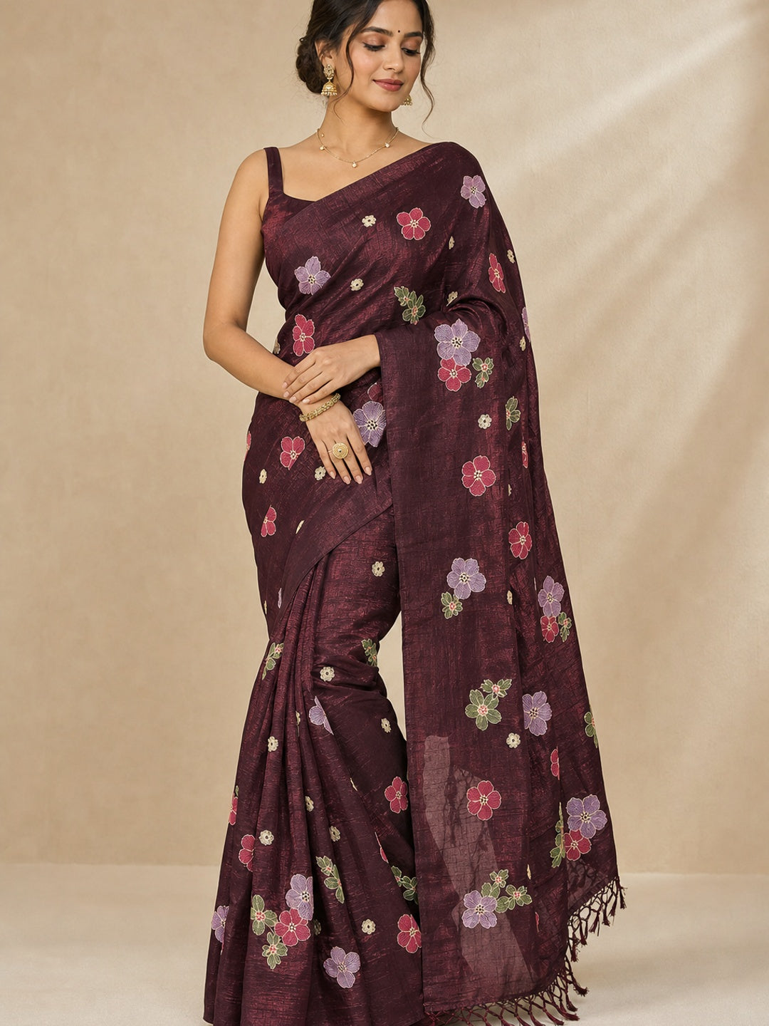 Peachmode Maroon Crunchy Saree with Floral Embroidery Work - Image 1