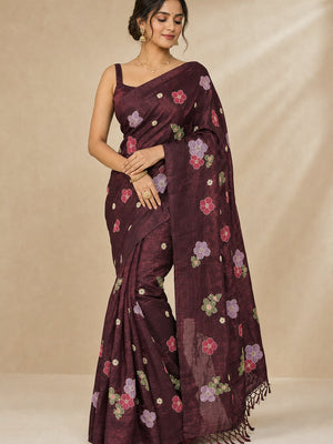 Peachmode Maroon Crunchy Saree with Floral Embroidery Work - Image 1