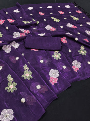 Peachmode Purple Crunchy Saree with Floral Embroidery Work - Image 2