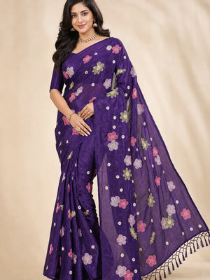 Peachmode Purple Crunchy Saree with Floral Embroidery Work - Image 1