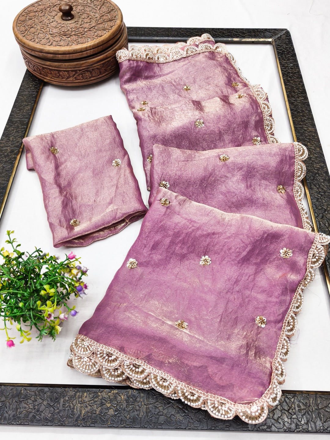 Peachmode Pink Fendy Satin Saree with Embroidered Border - Image 3