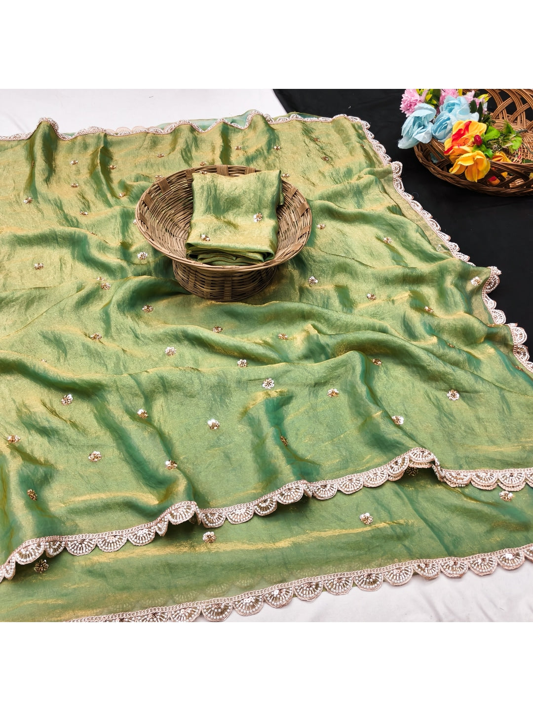 Peachmode Green Fendy Satin Saree with Embroidered Border - Image 2
