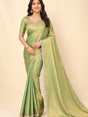 Peachmode Green Fendy Satin Saree with Embroidered Border - Image 1